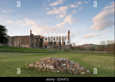 Ansicht von Süden der sonnendurchfluteten, alten, malerischen monastischen Ruinen von Bolton Abbey & Klosterkirche, in der malerischen Landschaft - Yorkshire Dales, England, UK. Stockfoto