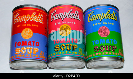 Trio von Limited Edition Warhol Soup Cans (TIN) Campbells Tomato Stockfoto