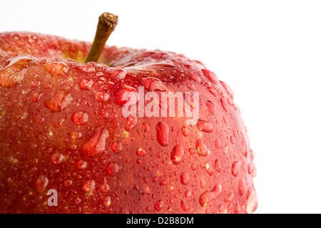 Braeburn roten Apfel mit Wasser fällt auf weißem Hintergrund Stockfoto