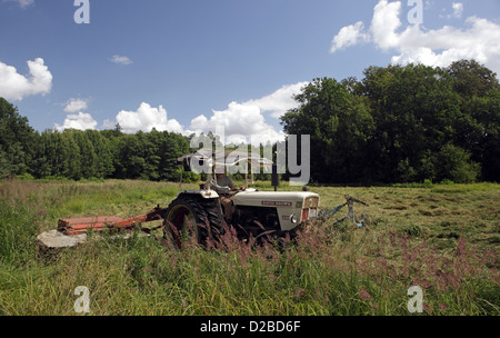 Strahlende Dorf, Deutschland, Landwirt auf einen Traktor, einen Rasen zu mähen Stockfoto