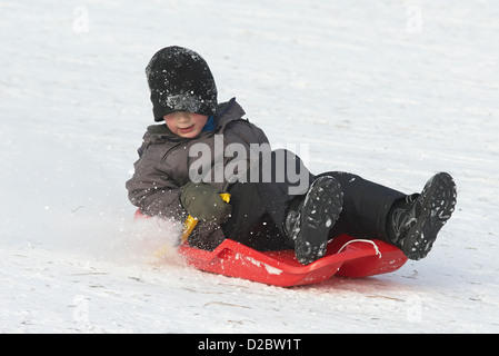 Kind junge (6-8) auf eine Bob-Schlitten, Schnee, Winter Stockfoto