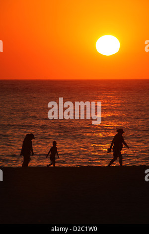 Sunrise-Jogger und Spaziergänger in Sydneys berühmten Bondi Beach an einem Tag Hitzewelle. Stockfoto