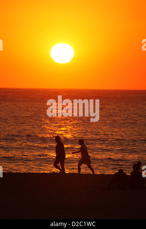 Sunrise-Jogger und Spaziergänger in Sydneys berühmten Bondi Beach an einem Tag Hitzewelle. Stockfoto