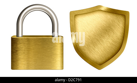 Messing Schloss und isoliert auf weißem Schild Stockfoto