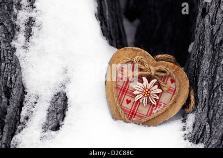 Eine dekorative Herz aus Holz eingebettet in einem schneebedeckten Baumstamm. Stockfoto