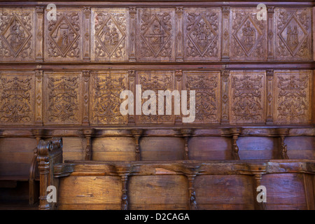 Holztafeln mit Szenen aus dem Leben der Jungfrau Maria, Collegiale Notre-Dame d'Ecouis, Ecouis, Haute-Normandie, Frankreich Stockfoto