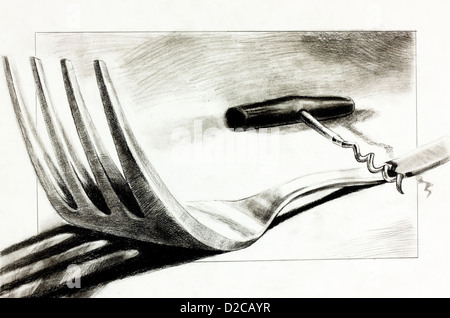 Original Bleistift oder Zeichnung Kohle und handgezeichneten malen oder arbeiten Skizze einer Gabel und Korkenzieher. Freie Komposition Stockfoto