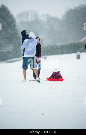 Ein paar mit zwei Kindern und einem roten Schlitten im Schnee am See-Meadows-Park in Billericay, Essex. Männer tragen Shorts und Trainer. Stockfoto