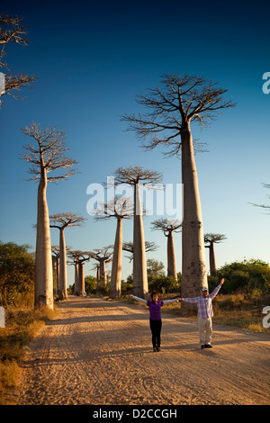 Madagaskar, Morondava, Allee der Baobabs, Allee des Baobabs, japanische Touristen posieren bei Sonnenuntergang Stockfoto