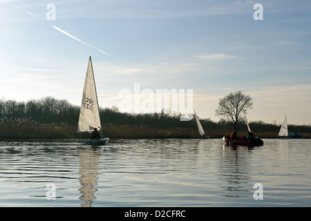 Laser-Segeljollen auf dem Fluss Bure in der Nähe von Horning, Norfolk Broads National Park Stockfoto