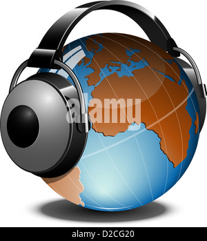 Globus mit Kopfhörer Stockfoto