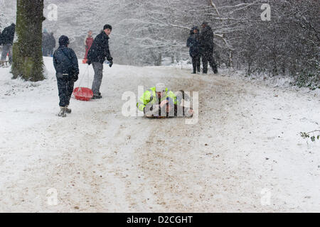 Während der Schnee, und winterlichen Bedingungen in London genießen die Mitglieder der Öffentlichkeit Wintersport auf Pole HIll Chingford North East London UK Stockfoto