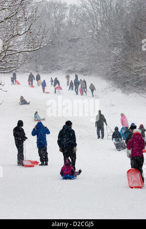 Während der Schnee, und winterlichen Bedingungen in London genießen die Mitglieder der Öffentlichkeit Wintersport auf Pole HIll Chingford North East London UK Stockfoto