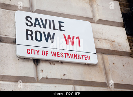 Straßenschild, Savile Row, London W1, UK. Haus der Maßschneiderei. Stockfoto