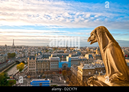 Wasserspeier mit Blick auf Paris bis auf Notre Dame de Paris, France Stockfoto