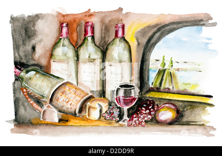 Flasche-Alter französischer Wein, Käse und Trauben in der Küche des Schlosses. Vor dem Fenster, Sommerlandschaft und Fluss. Handgefertigte Stockfoto