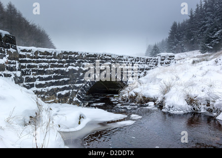 Ein kleiner Bach fließt unter eine kleine Steinbrücke an einem verschneiten, nebligen Tag Stockfoto