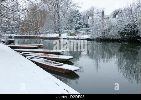 Cambridge, UK. 21. Januar 2013. Stocherkähne fallen im Schnee auf dem Fluss Cam in Cambridge. Weitere Schnee fiel über Nacht malerischen Winter Szenen quer durch die historische Stadt zu schaffen. Stockfoto