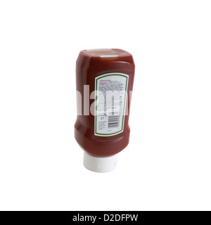 Flasche von Tesco Eigenmarke Tomaten Ketchup 700g hinten Produktinformationen isoliert auf weißem Hintergrund. Stockfoto