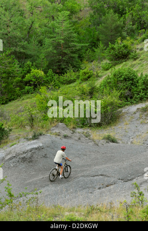 Frankreich, Departement Aveyron, Riviere Sur Tarn, ein Mann-Mountainbiking im Wald Stockfoto