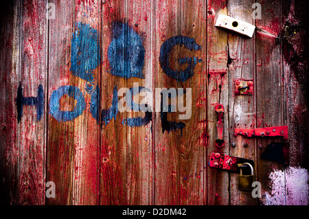 Dog Haus - visuell interessante Tür auf verwitterten Schuppen Stockfoto