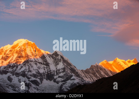 Alpenglühen bei Sonnenaufgang am Annapurna South und Annapurna Fang, Nepelese Himalaya. Stockfoto