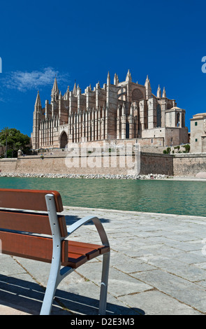 Kathedrale La Seu in Palma und Parc De La Mar Altstadt angesehen von Bank über Meereseinschnitt Mallorca Balearen Spanien Stockfoto