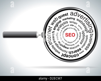 roten SEO und Lupe über weiß Stockfoto