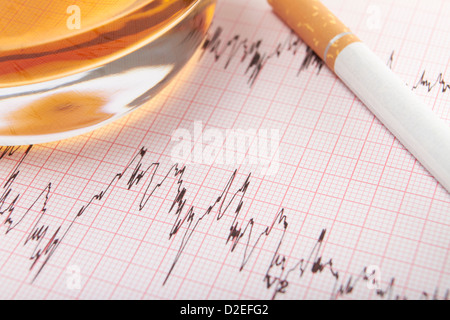 Glas Whisky und Zigaretten auf EKG-Ausdruck Stockfoto