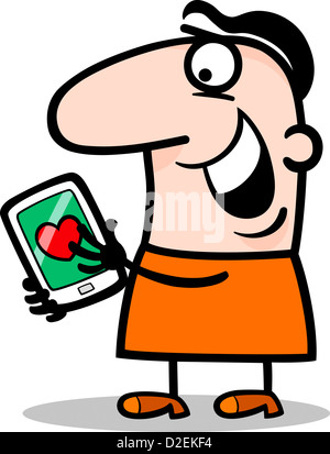 Comic-Illustration der lustige Mann Lesung Liebesbotschaft oder Valentine auf seinem Tablet-PC für den Valentinstag Stockfoto