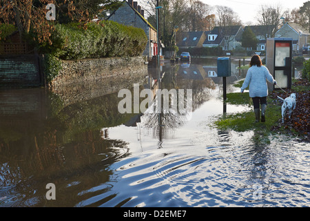 Eine Frau mit einem Hund geht durch eine überschwemmte Straße in Kidlington, in der Nähe von Oxford Stockfoto