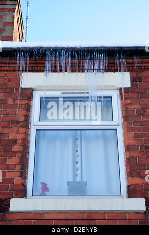 Kirkby-In-Ashfield, Notts, UK. 22. Januar 2013. Eiszapfen hängen von Dächern, wie ein leichtes Tauwetter beginnt. Stockfoto