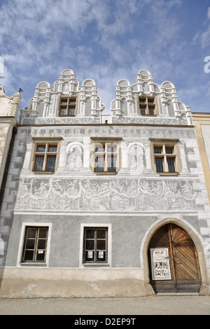 Renaissance-Fassaden, Platz, Marktplatz, Slavonice (Zlabings Deutsch) Süd-Mähren, Tschechische Republik. Slavonice liegt an der Grenze Stockfoto