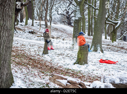 Zwei Kinder sitzen auf Bäumen Stümpfe in einem schneebedeckten Richmond Park, im Winter, Richmond upon Thames, London, UK Stockfoto