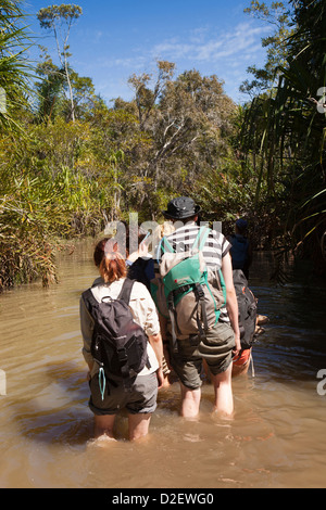 Madagaskar, Betrieb Wallacea, Schüler waten durch Strom zum Matsedroy camp Stockfoto