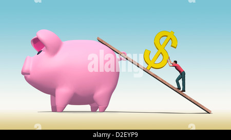 Abbildung des Menschen hart arbeiten, um einen goldenen Dollarzeichen eine Rampe hinauf in eine große rosa Piggy Bank schieben. Stockfoto