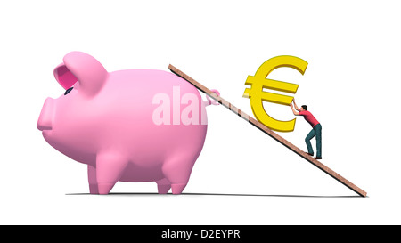 Abbildung des Menschen hart arbeiten, um eine gold Euro-Symbol über eine Rampe in ein riesiges rosa Sparschwein zu schieben. Stockfoto