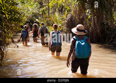 Madagaskar, Betrieb Wallacea, Matsedroy, Oberstufe Studenten zu Fuß durch Fluss Stockfoto