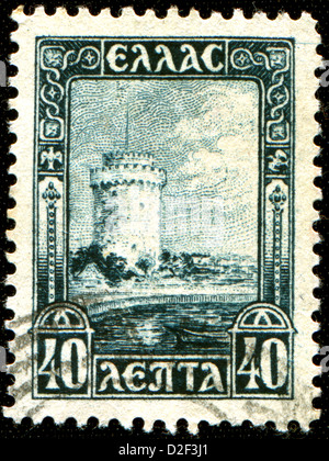 Griechenland - ca. 1927: Eine Briefmarke gedruckt in Griechenland zeigt weiße Turm, Saloniki, ca. 1927 Stockfoto