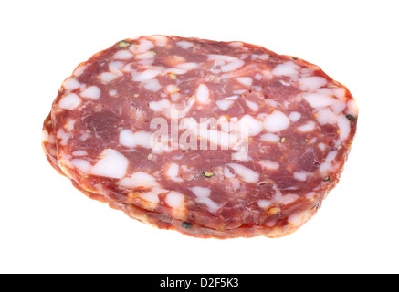 Einem kleinen Stapel frisch geschnittene Sopressata Salami auf weißem Hintergrund. Stockfoto