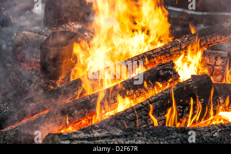 Brennen Sie Brennholz in Lagerfeuer mit Metall schwarz Wasserkocher Stockfoto