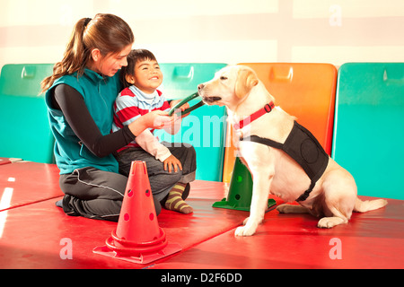 Patienten, die mit Hilfe eines ausgebildeten Hundes behandelt Stockfoto