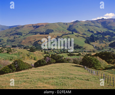 Hügelige Landschaft von Summit Road, Little River, Banks Peninsula, Region Canterbury, Südinsel, Neuseeland Stockfoto