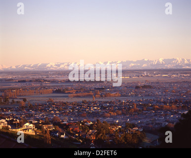 Stadt und Canterbury Plains im Winter, Christchurch, Region Canterbury, Südinsel, Neuseeland Stockfoto