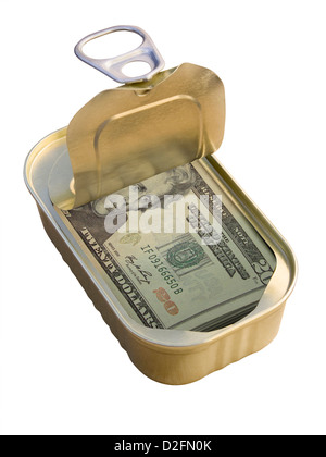 Ring ziehen Zinn mit 20-Dollar-Noten auf weißem Hintergrund - speichern / Konzept Geld versteckt Stockfoto