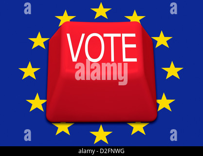 Isolierte rote Taste mit dem Wort Abstimmung über eine Europäische Union Flagge Hintergrund - UK Referendum über Europa-Abstimmung Stockfoto
