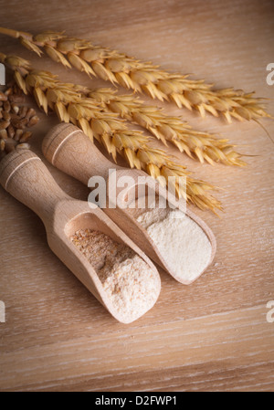 Mahlzeit und Mehl in den Holzlöffel Nahaufnahme Stockfoto