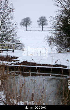 Blick über Kennet und Avon Kanal an Bäumen in Schneefelder Stockfoto