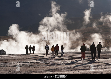 Geysire del Tatio San Pedro de Atacama Dampf steigt in den Morgenstunden Chile Südamerika Stockfoto