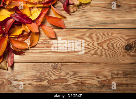 Auf hölzernen Hintergrund mit textfreiraum Blätter im Herbst. Ansicht von oben Stockfoto